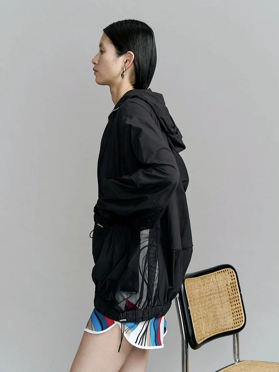 Functional Style Hooded Jacket Mesh Splicing Drawstring Loose Large Pocket Open Cardigan Women's Short Outerwear Coat