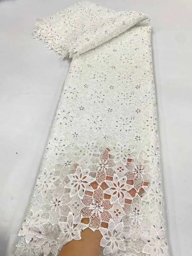 

African Rhineston Embroidery Lace Fabric,Cotton Fabrics By The Meter,Latest,Water Soluble,Wedding Dress,Tulle,High Quality,5Yard