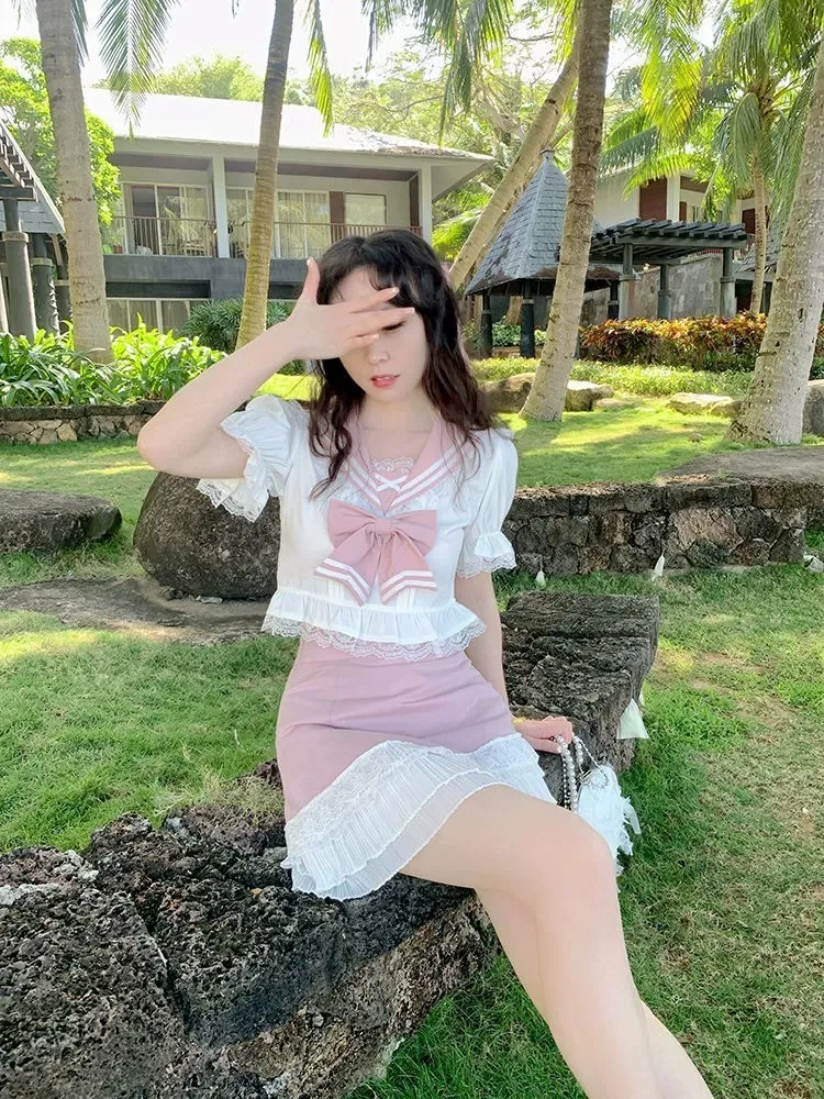 ADAgirl White Navy Sailor Collar Blouse Sweet Bow Top + Pink Lace Patchwork Y2k Mini Skirt Kawaii Two Piece Sets Womens Outifits