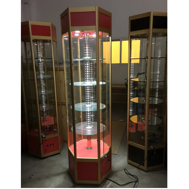 Custom.Hexagonal Electrical Revolving Glass Display Cabinet/revolving Glass showcase with Lock