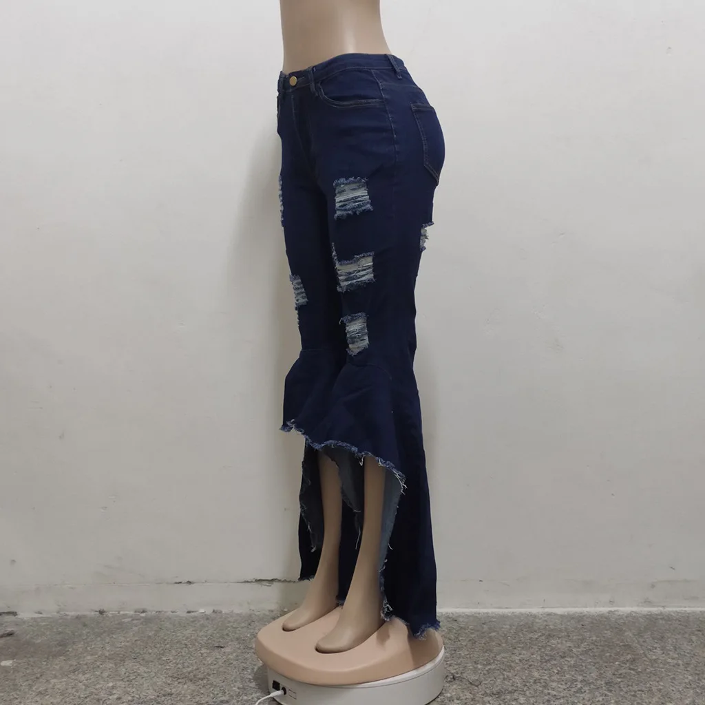 Mode Splicing Gescheurde Gewassen Denim Elastische Slanke Uitlopende Broek Vrouwen Jeans