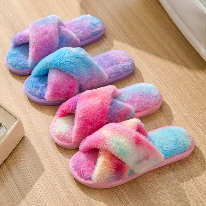 New Fluffy Rainbow Cross Strap Winter Slippers for Women Soft Warm Plush Indoor House Slippers Woman Comfort Fur Non Slip Slides