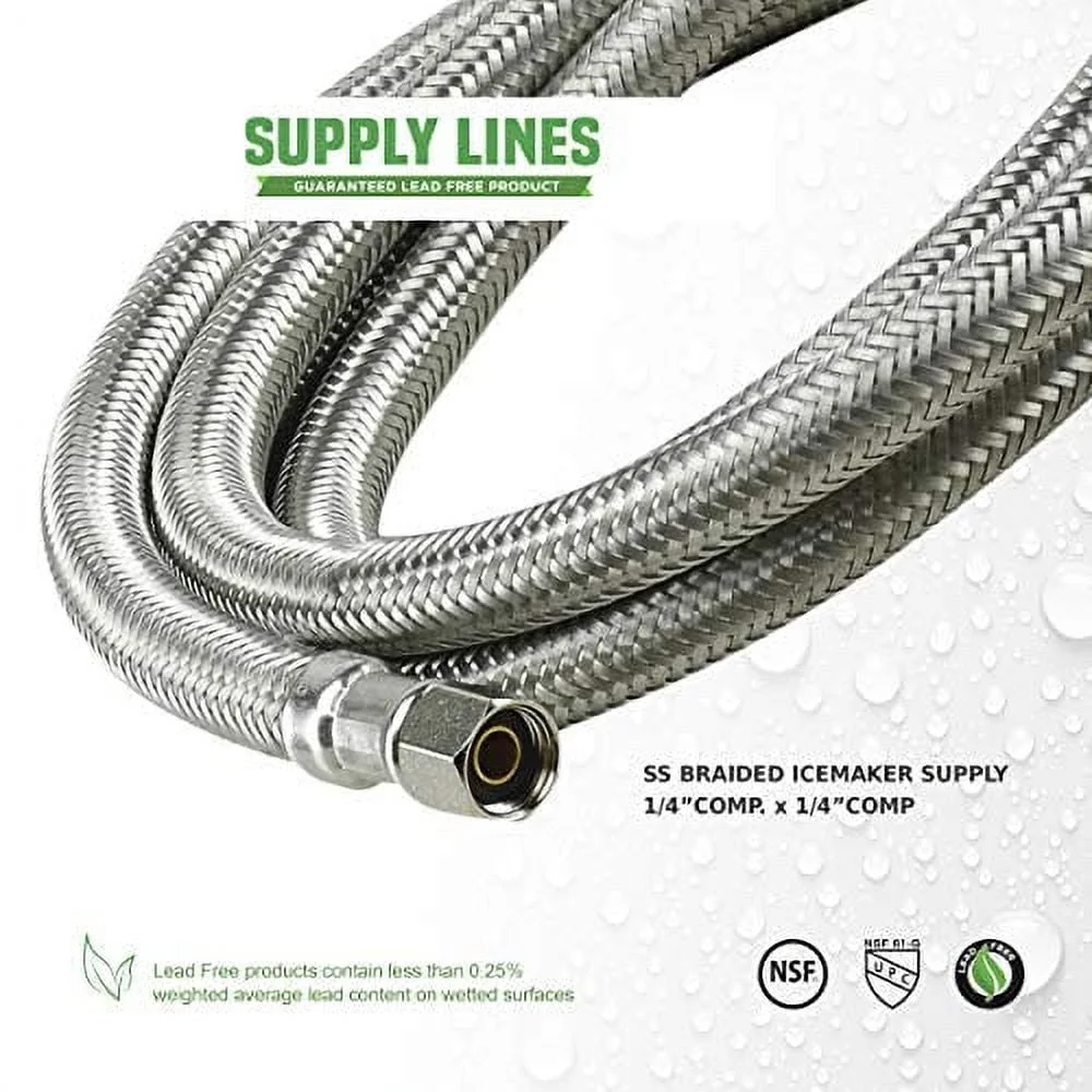 Linha de fornecimento de máquina de gelo trançada de aço inoxidável sem chumbo 72 polegadas com dois acessórios de compressão 1/4 mangueira flexível