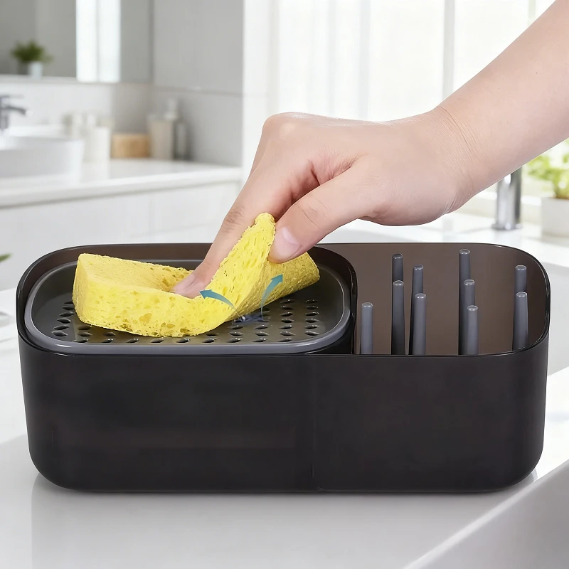 

2-in-1 Kitchen & Bathroom Soap Dispenser with Sponge Holder Countertop Storage Rack for Dish Soap/Shampoo Home Organizer