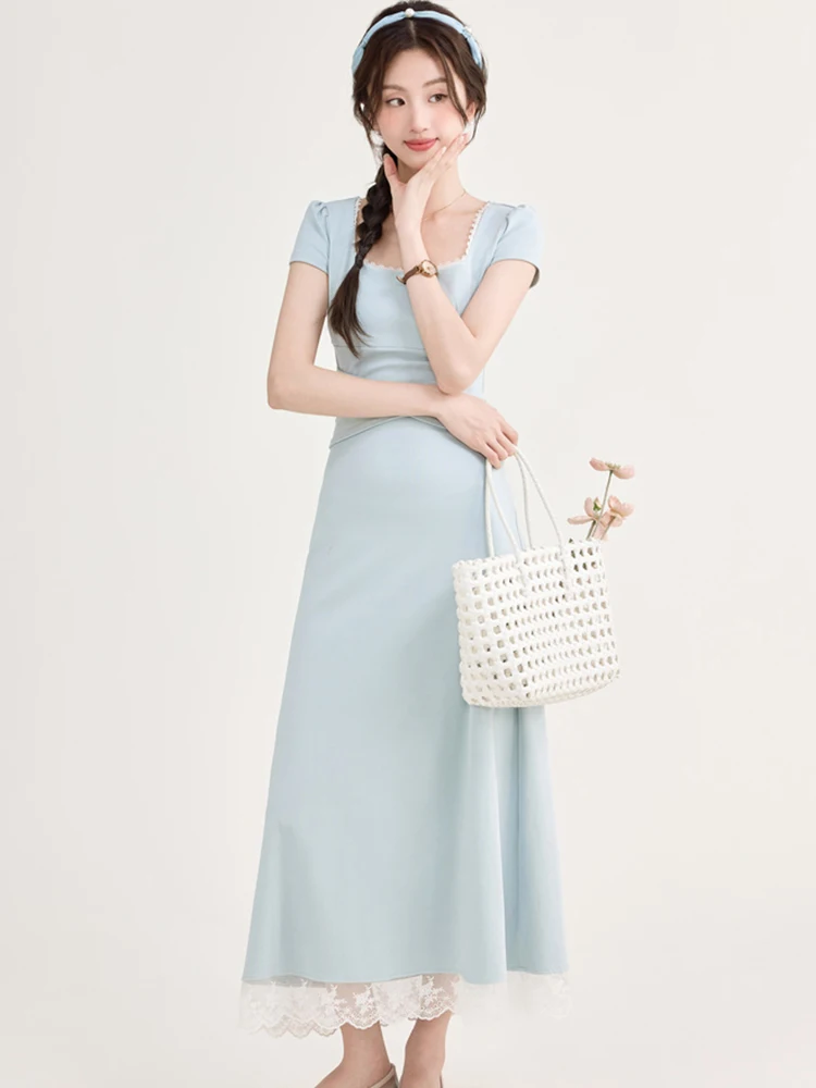 Zomer blauwe bodycon bandage lange jurk vrouwen korte mouw vierkante kraag chique kant lange jurk 2025, Koreaanse vintage luxe vestidos