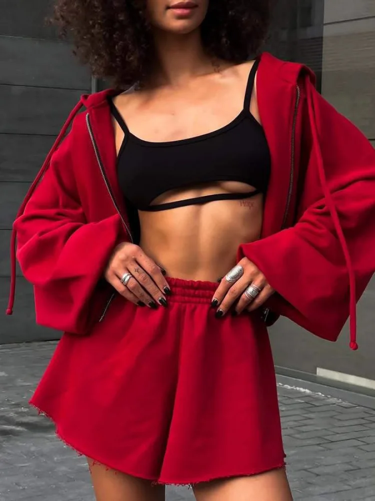 

Casual Sportswear Set Pure Color Long Sve Hoodie Dstring Women's Two-Piece Suit orts Outerwear Zipper Closure Polyester