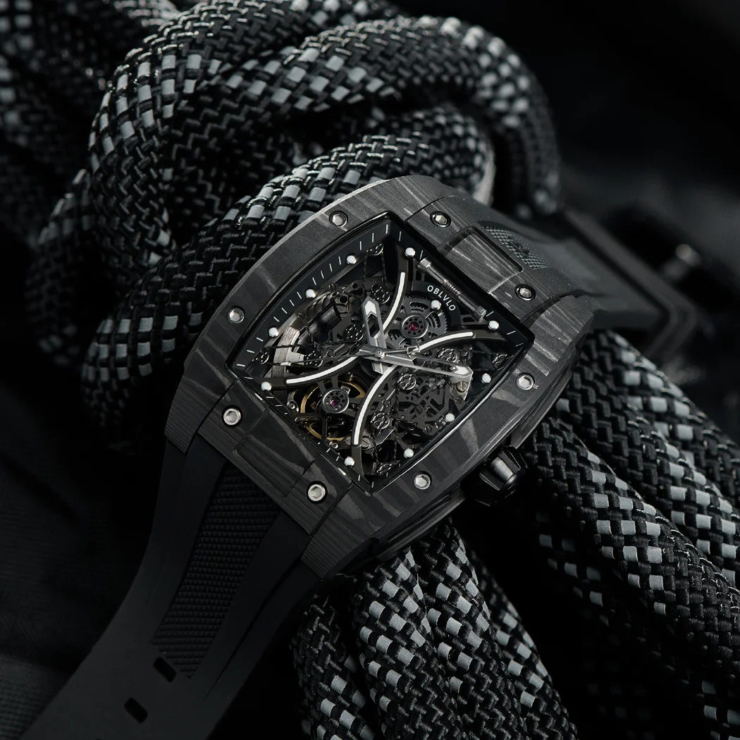 OBLVLO Top Brand Automatic Mechanical Watch For Men Fashion Skeleton Luminous Wine Barrel Carbon Fiber Case Rubber Strap EM-S
