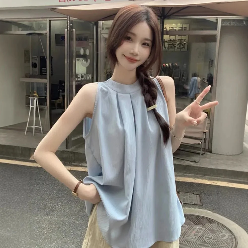 Elegant Black Sleeveless Neck Hanging Top Women Summer French Style Shoulder Bared Doll Shirt Strap Vest Sensation Matching
