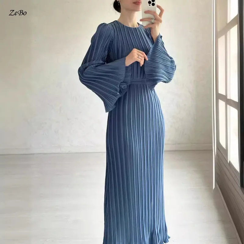 

European and American Women's Clothing 2024 Autumn New Long Skirt Temperament Pleated Trumpet Sleeve Mid Length Dress