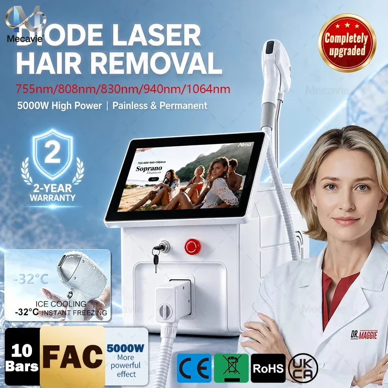 5 Wavelength Diode Laser Hair Removal Machine 755/808/830/940/1064nm 5000W Energy Enhancement -32℃ Ice Cooling  Epilation Device