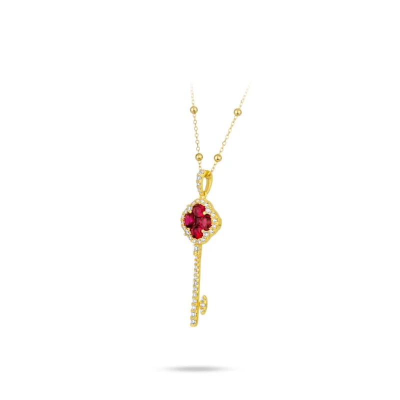 Bellux 925 Silver Synthetic Zircon Red Full Diamond Key shaped Vintage Pendant Necklace Anniversary Gift Jewelry