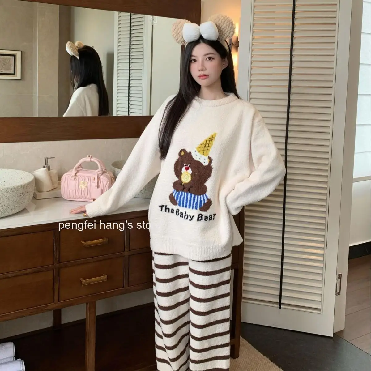 Women Winter Thick Sweet Cartoon Half Sided Fleece Pajama Set Warm Fuzzy Long Sleeve Long Pants Casual Soft Sleepwear