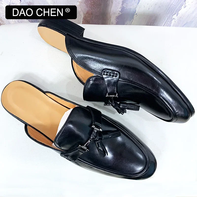 DAOCHEN BRAND MEN SHOES BLACK BROWN TASSEL SLIP ON HORSEBIT CASUAL MENS DRESS SUMMER GENUINE LEATHER HALF SHOES FOR MEN