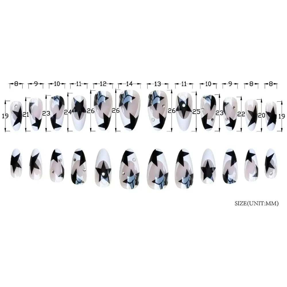 24pcs Nail Tips Star DIY Fake Nials Long Almond Black Lines False Nails French