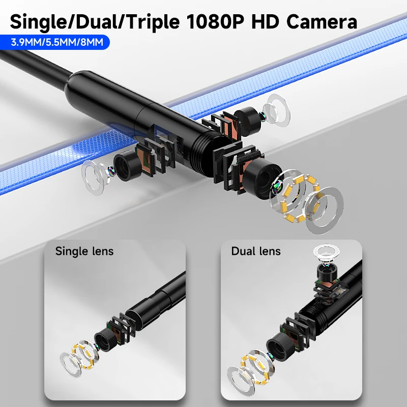 1-15m Industrial Endoscope Single Dual Triple Lens 1080P with 7'' IPS Screen Split Design Autofocus 8mm 1920P Inspection Camera
