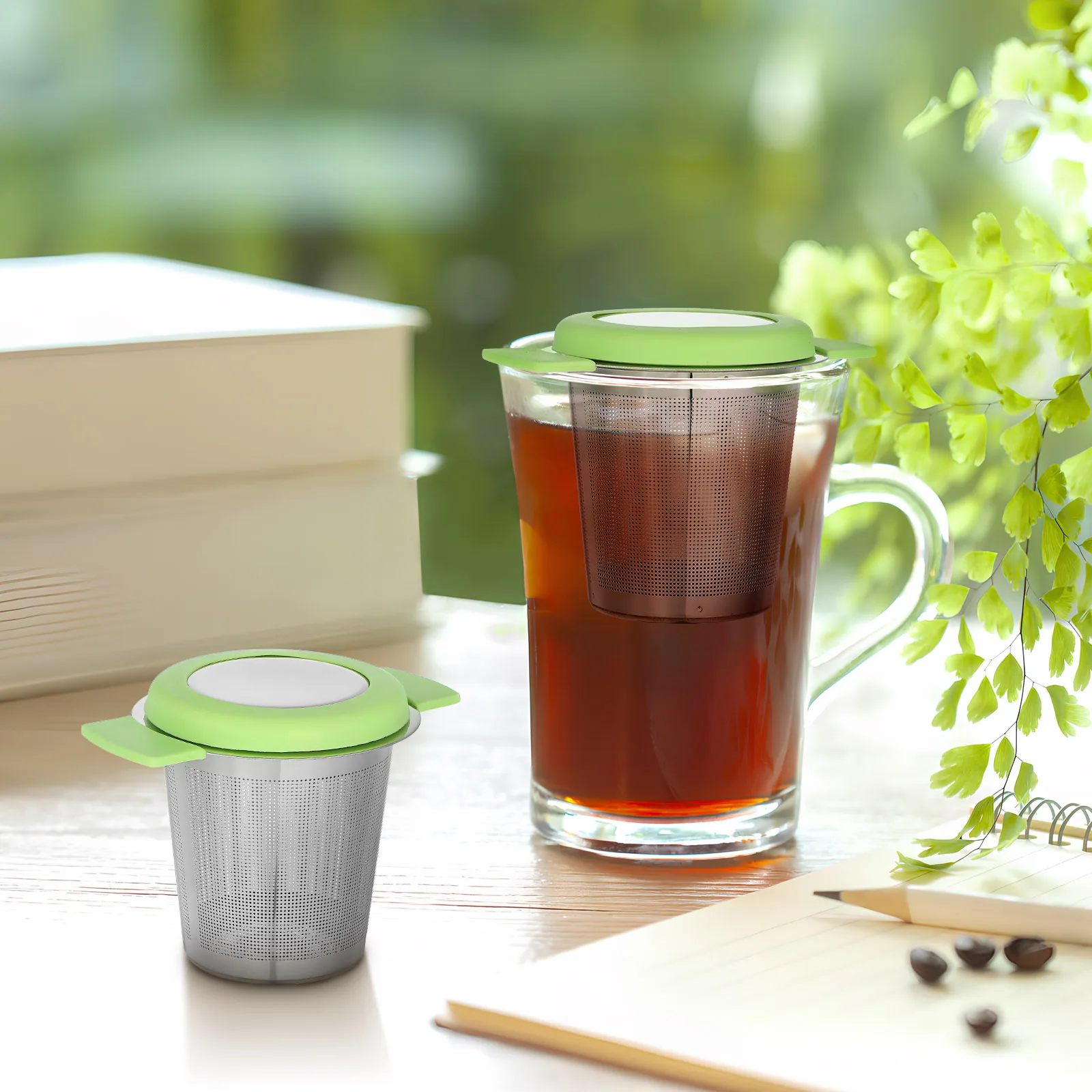 

2Pcs Tea Infuser Mesh Strainers Stainless Steel Basket Double Handles Lidded Loose Tea Steeper Filter Teapot Filter Insert,