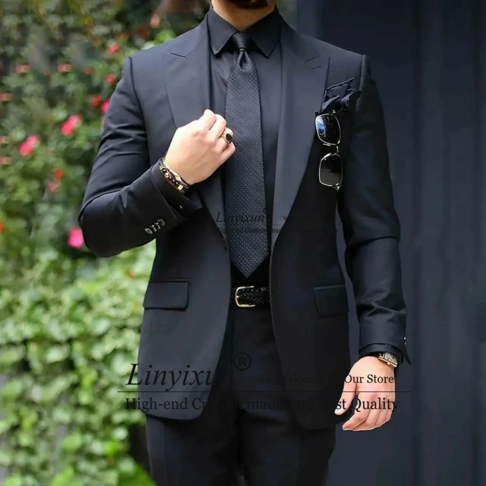 Classic Black Men Suits 2 Pieces Formal Business Blazer Slim Fit Wedding Groom Tuxedo Office Workwear Costume Homme Jacket Pants