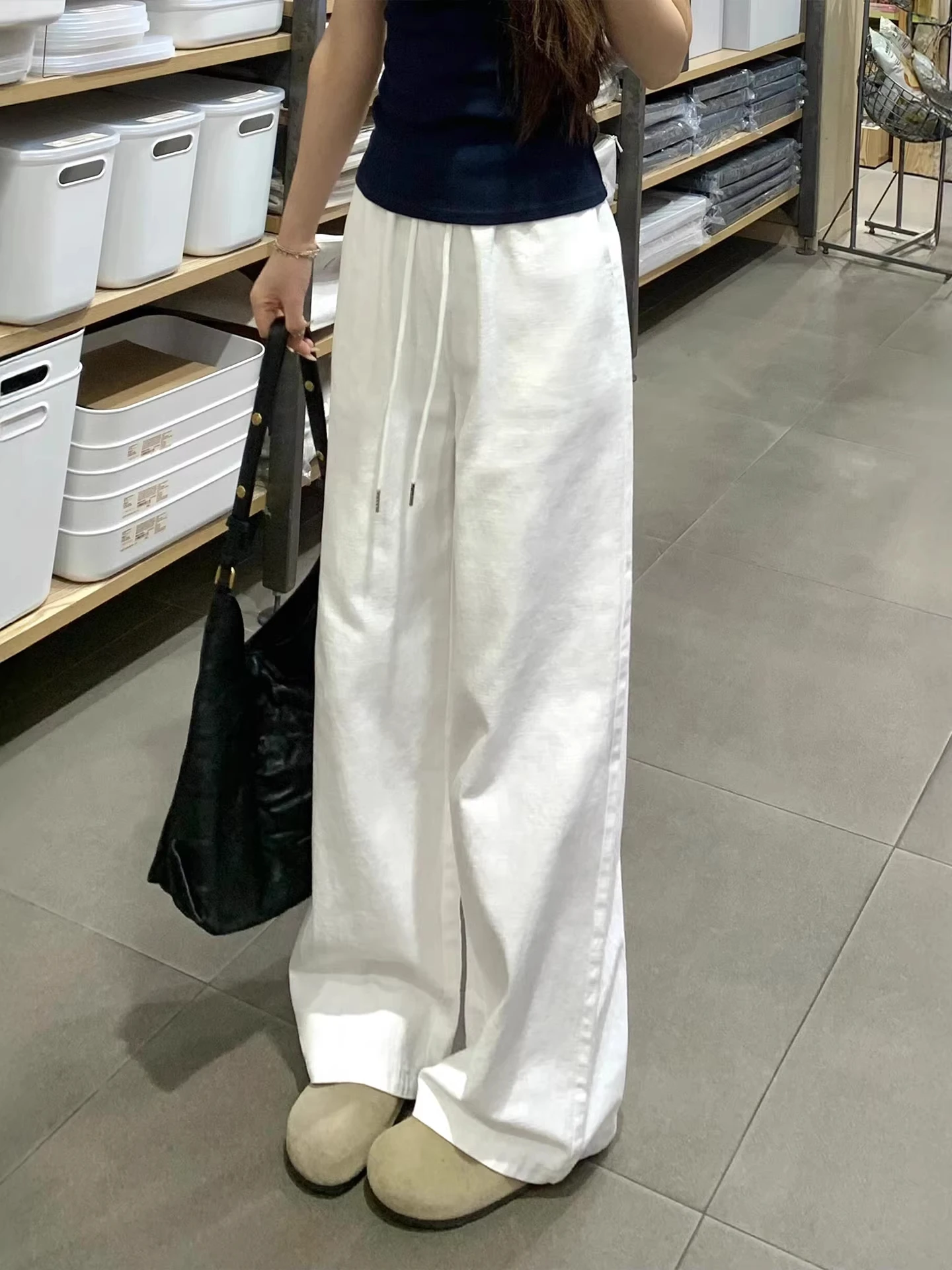 

White Drawstring Casual Wide Leg Pants Women Summer Thin Quick Dry Sport Trousers Loose Fit High Waist Straight Tube Pants