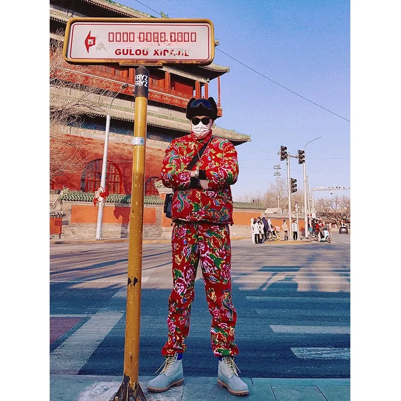 

Thiened Winter Cotton Jaet for Men Ethnic Sle Floral Print Windproof Couples Clothing Casual Loose Fit Long Sve Zipper