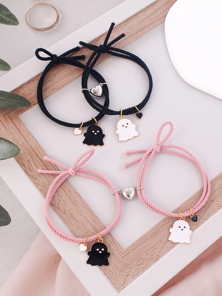 1 Pair Romantic Couple Heart Magnetic Attracting Bracelets For Girl Cute Cartoon Ghost Pendant Bracelet Friendship Gift