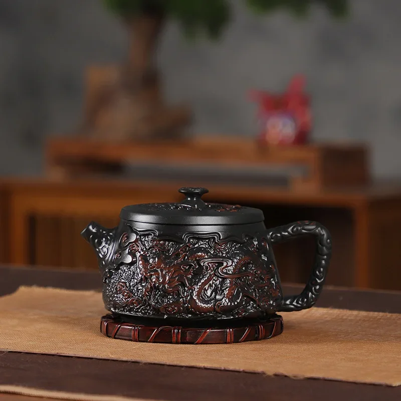 Purple Pottery Pot Pure Hand-embossed Dragon Phoenix Stone Scoop Pot Teapot Special Large-capacity Tea Set for Making Tool Tea