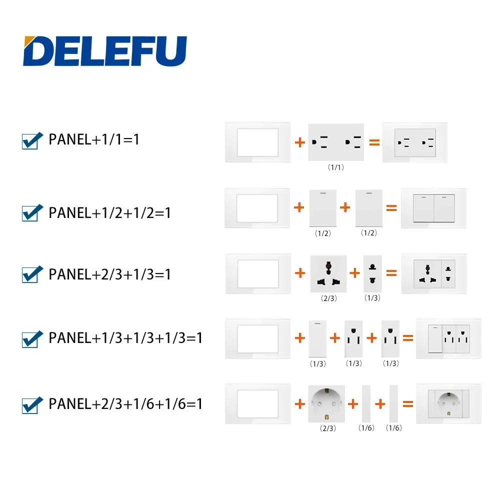 DELEFU Brazilian Italian US EU Standard Free Combination Function USB Type C Key DIY Switch Socket 118mm*72mm Black