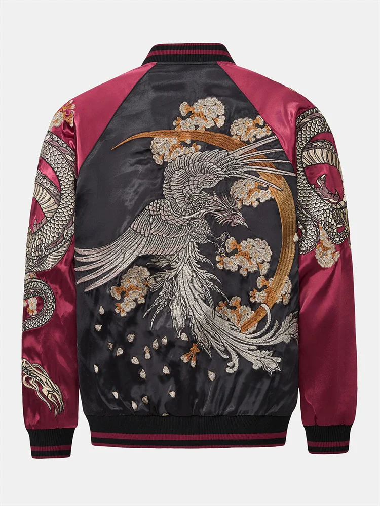

S115 Dragon Phoenix Heavy Embroidery Jacket For Man Stand Collar Autumn Quality Polyester Loose Fit Casual Chamarras Para Hombre