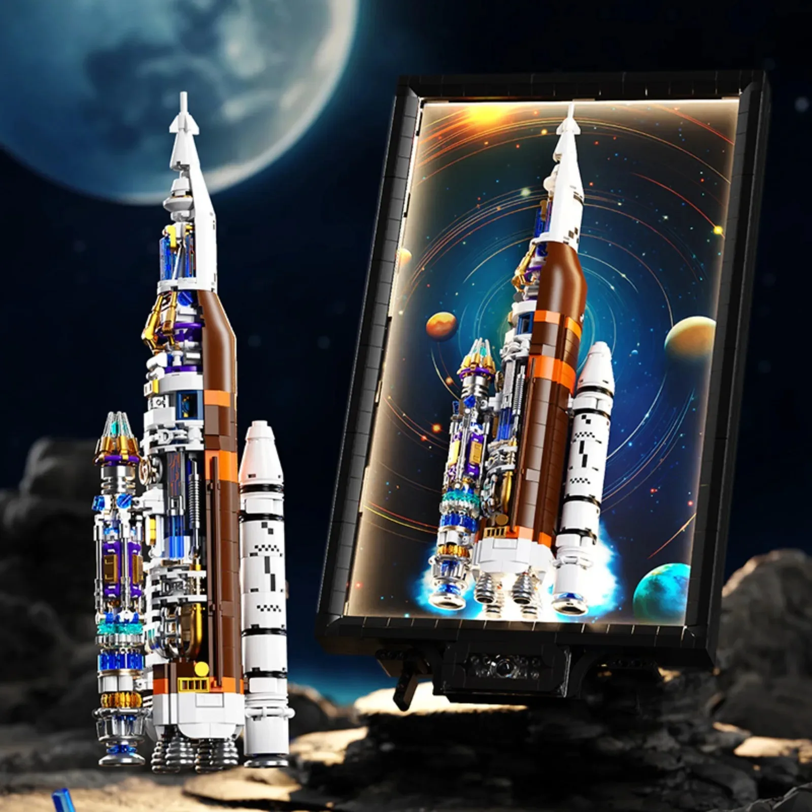 

Space Rocket Building Block Photo Frame with LED Lights DIY Small Particle Model Home Desk Decor Gift Idea
