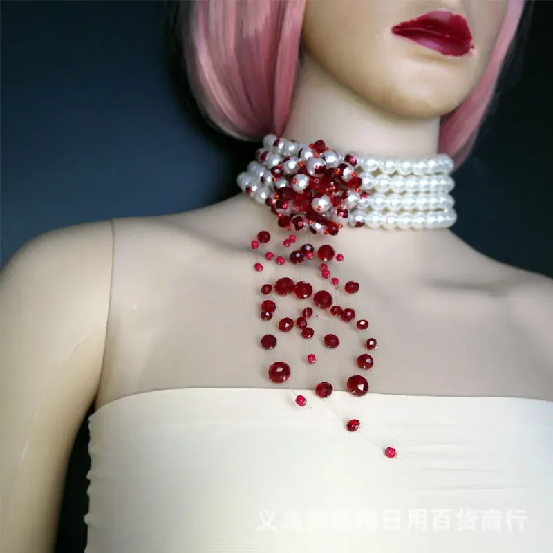 Creative fashion Halloween blood drop fringe pearl necklace Niche personality high touch Goth dance club collar