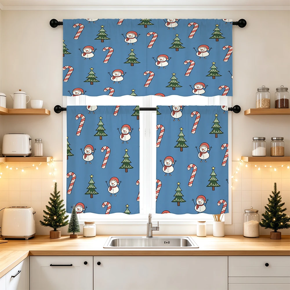 Christmas Kitchen Curtains, Blue Snowman Tree Candy Cane, Digital Print, Kitchen Dining Room, Rod Pocket Polyester, Home Decor