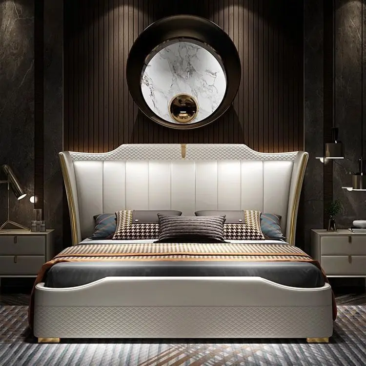 Cama moderna de cuero de lujo, dormitorio principal de lujo, cama doble sencilla, cama nórdica de alta gama de 1.8m con baño de oro, estilo celebridad de internet.