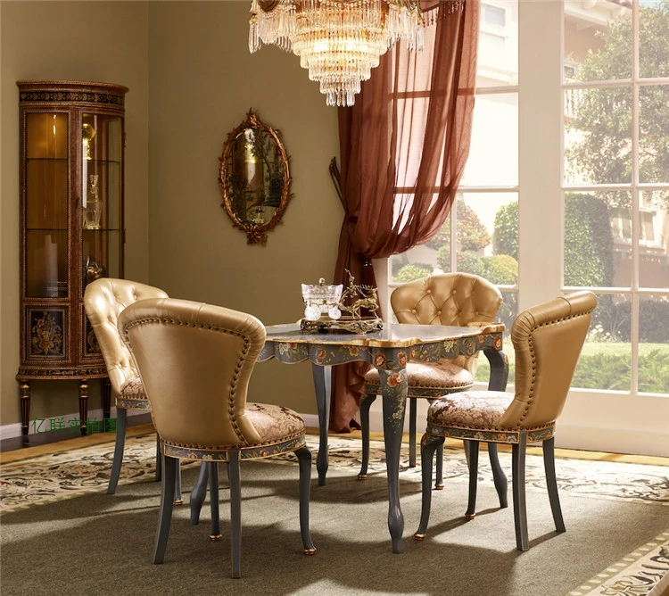 European French luxury aesthetic gold foil to do old light blue hand painted table and chair afternoon tea square table