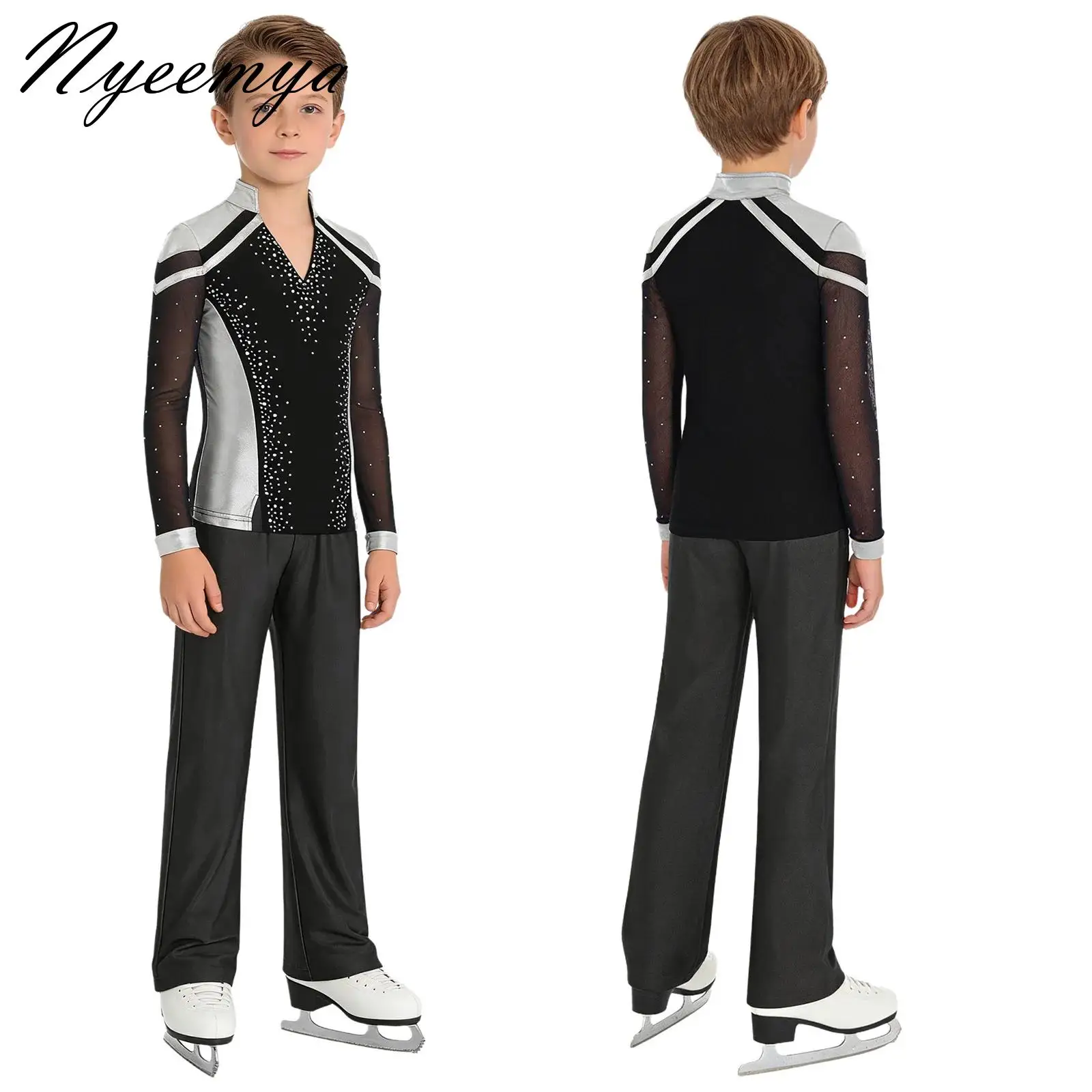 

Kids Boys Roller Ice Figure Skating Performance Costumes Ballet Dance Outfit Sparkly Rhinestones Long Sleeve Top with Pants Suit