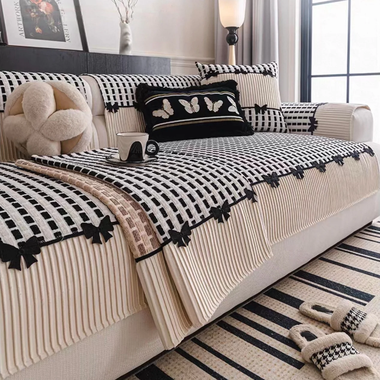 Romantischer Sofaüberwurf aus Jacquard-Chenille mit Spitzenverzierung und plissiertem Samtsaum, für Wohnzimmer-Couch, Sitzbezug, Sofatuch