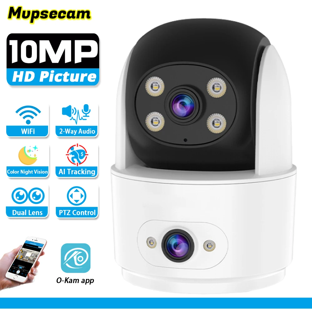 Smart Home 10MP Dual Lens HD Video Surveillance Camera IP Security Cameras Indoor Wireless CCTV Two Screens Baby Monitor O-Kam