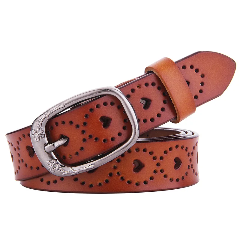2.8CM X 115CM 2PCS Women Real Cowhide Belt Small Love Simple Fashion Decorative match Hollow Casual Pin Buckle Pant Pure New