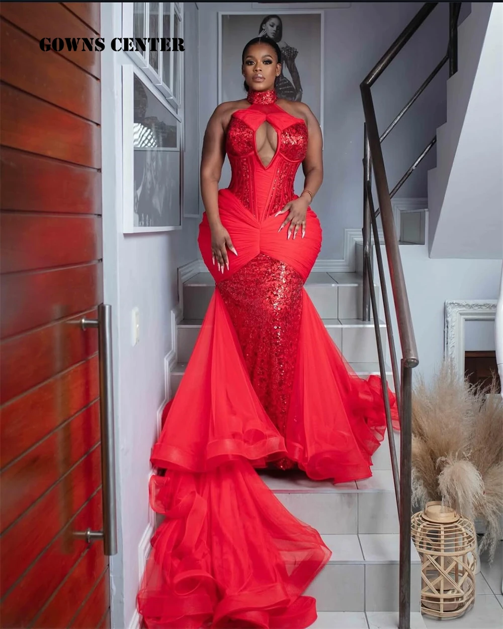 Fantastic Red Halter Aso Ebi Evening Dresses Luxury 2025 Mermaid Sequin Tulle Train Sexy African Wedding Party Gowns Customized