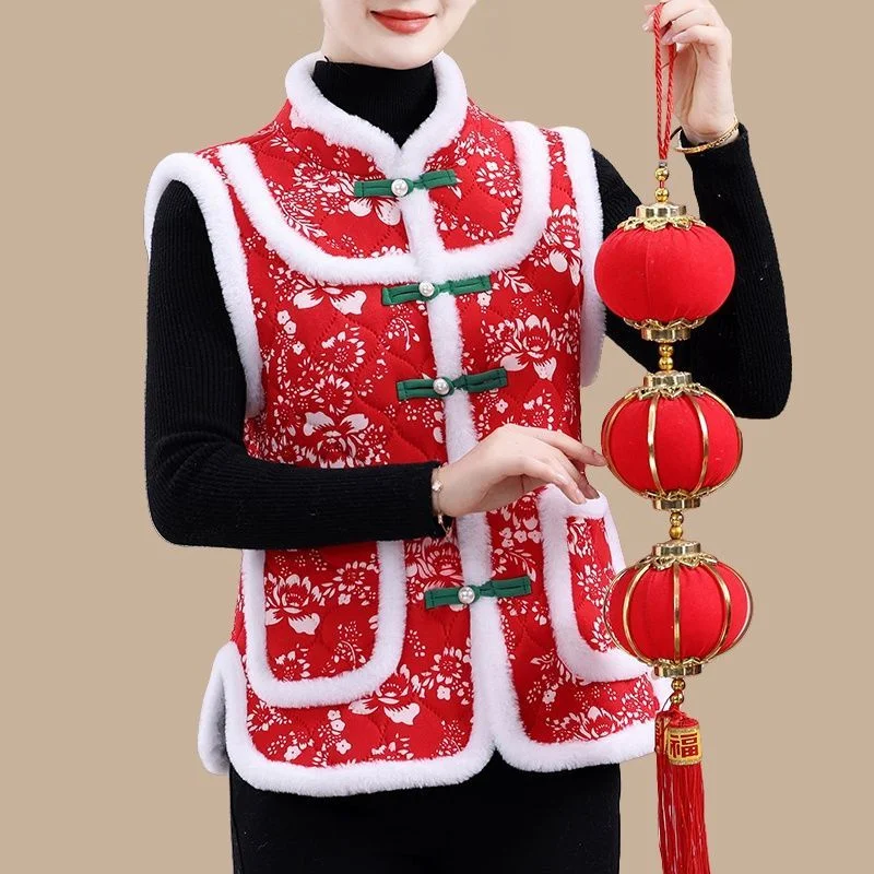 2025 Otoño Invierno chaleco cálido chaqueta de mediana edad mujeres mayores con felpa moda gruesa chaleco de algodón sin mangas abrigo Top chaleco