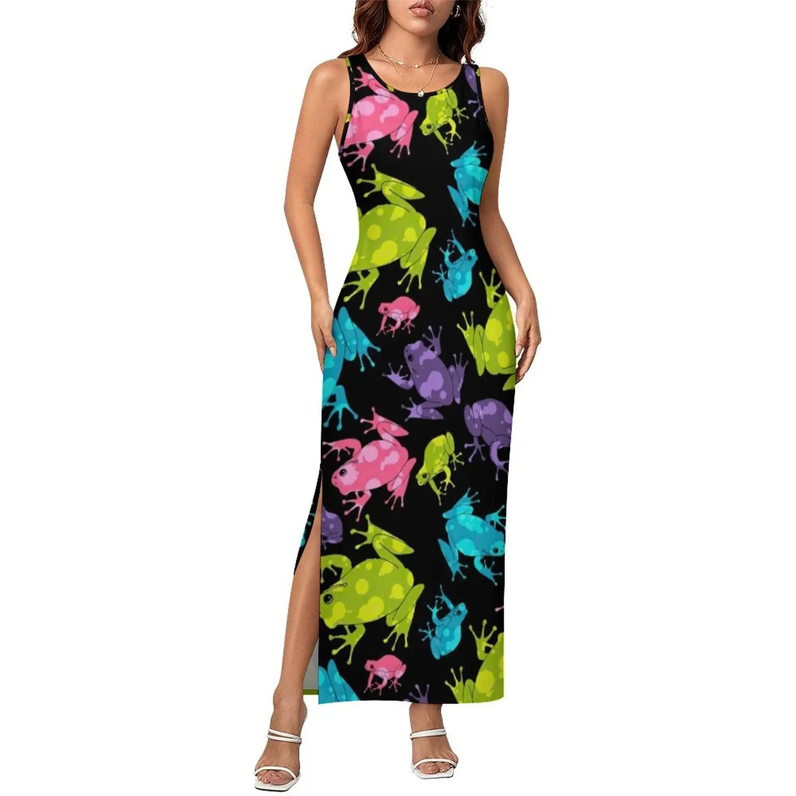 Women Bodycon Dress Vintage Multicolor Frog Maxi Dresses Holiday Watercolor Splash Funny Animal Streetwear Pattern Dress