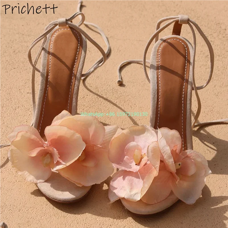 

Gradual Flower Sandals Mixed Color Ankle Band Round Toe Lace Up Summer Elegant Shoes Fashion Floral Party Stiletto Shoes