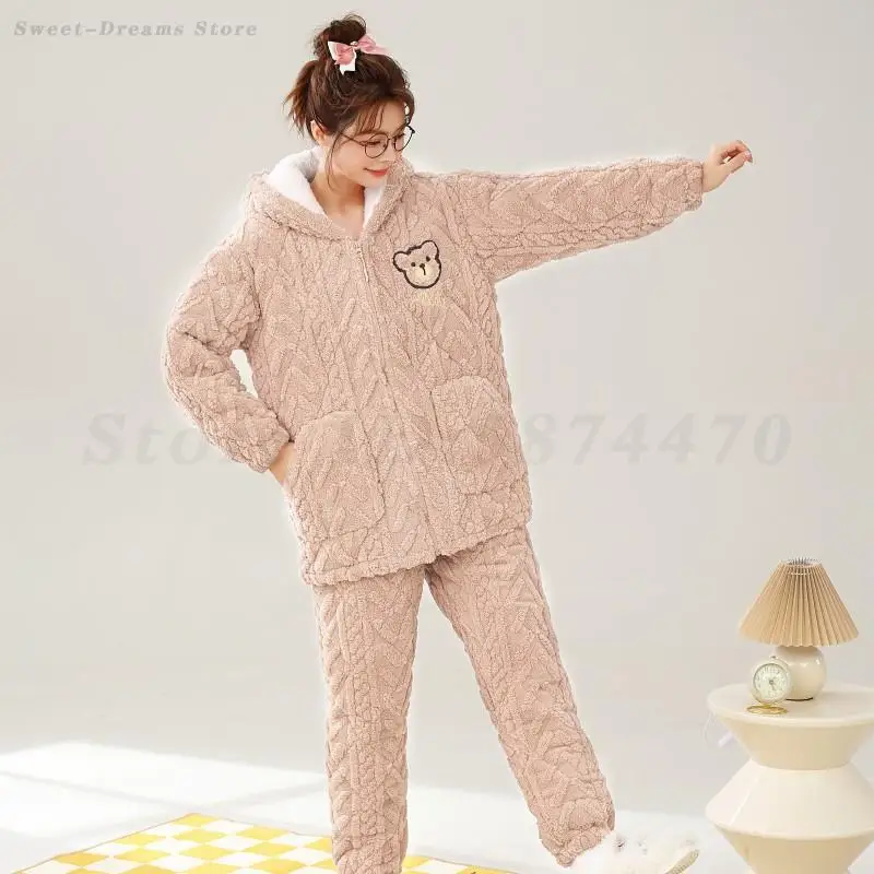 

Winter Female Pajamas Set Thickened Coral Fleece Hooded Sleepwear Warm Flannel Trouser Pijamas Suit with Pocket Loose Home Wear