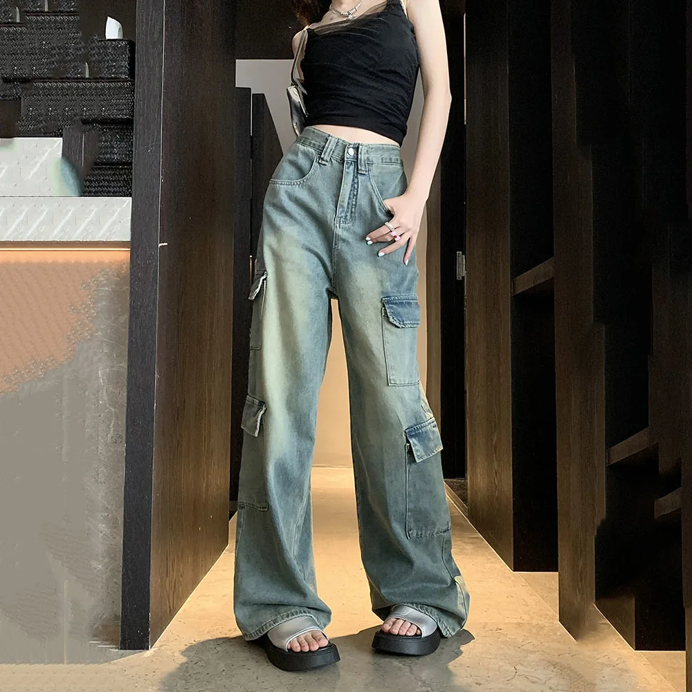 

2023New Women Retro Baggy Jeans Multiple Pockets Cargo Pants Casual Y2k Streetwear High Waist Full Length Trousers Hip Hop Trend