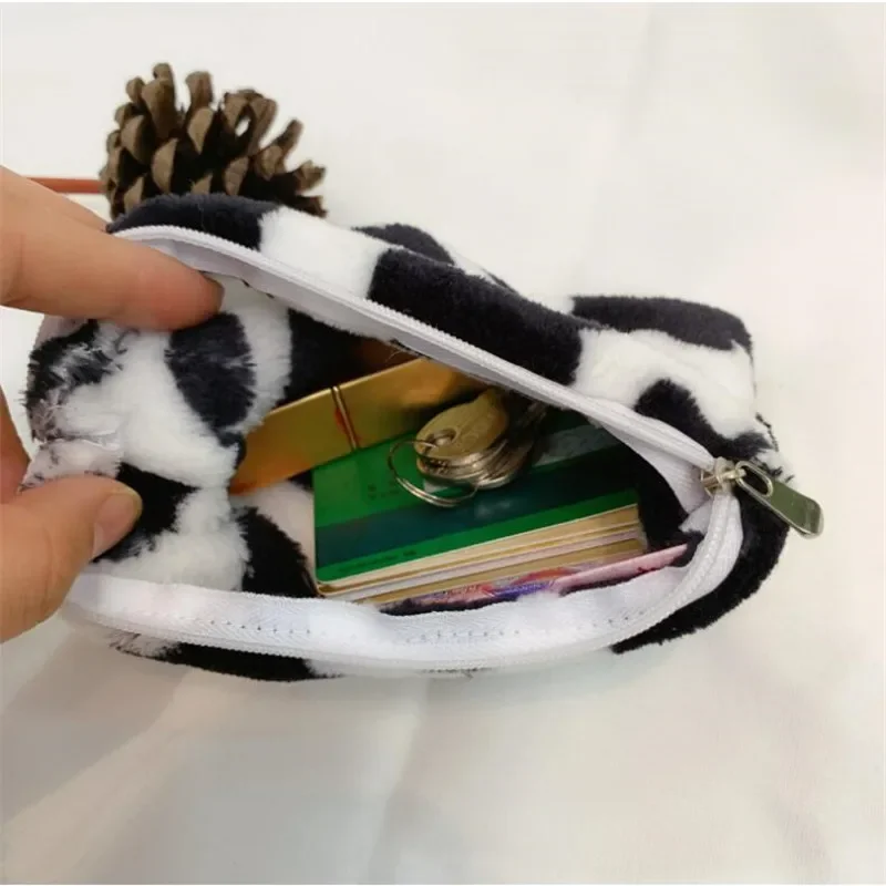 Cow Pattern Plush Coin Purses Women Cute Zipper Mini Wallet Storage Bag Card Holder Girls Soft Pocket Female Coin Purse Cartera