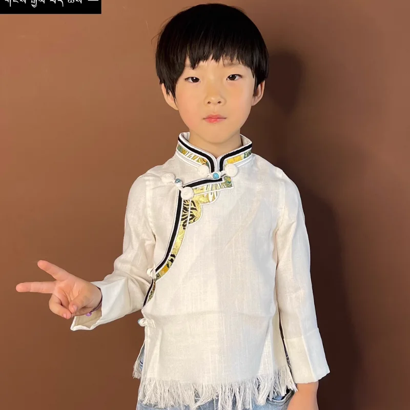 Chinese Xizang Boys and Girls Tassel Embroidered Tibetan Shirts