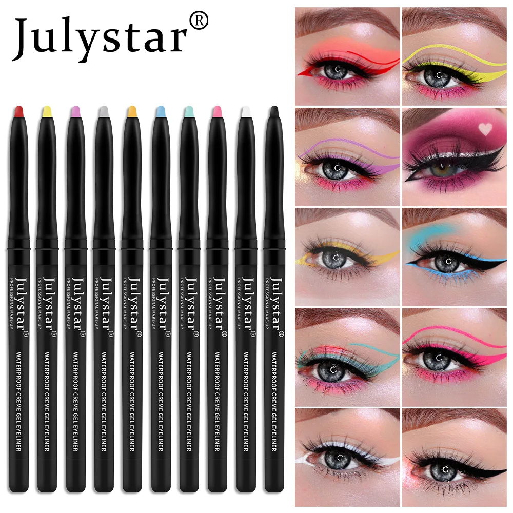 Julystar-Delineador Caneta Gel, Creme Delineador Impermeável, Maquiagem dos Olhos, Cosméticos Femininos, Longa Duração, Sem Desvanecimento, Portátil, Opção 10 Cores