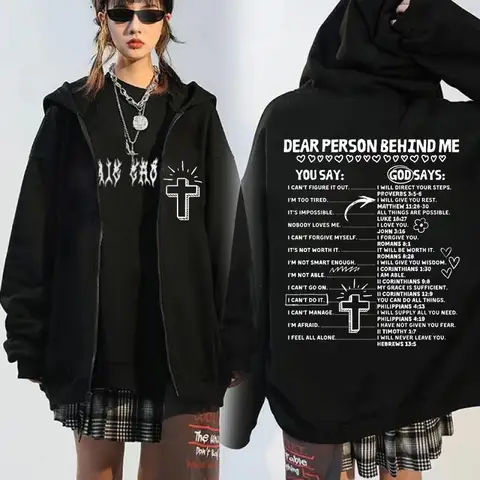 God Says Zip Up Hoodie Coat Retro Christian Sublimation Bible Affirmations Print Sweatshirts Men Hip Hop Gothic Harajuku Jackets