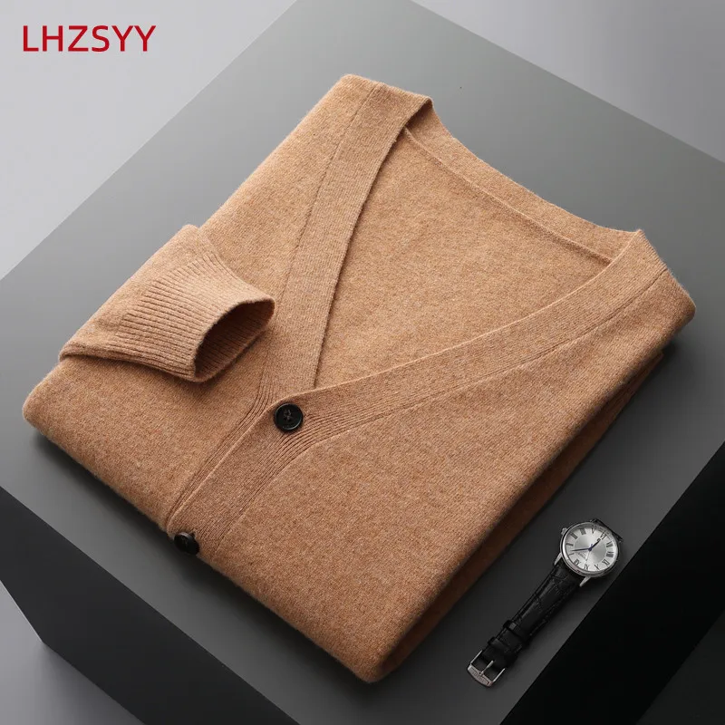 LHZSYY-cárdigan 100% de lana pura para hombre, suéter de cachemira, chaqueta de punto de manga larga, Color sólido, Top de alta calidad, Otoño e