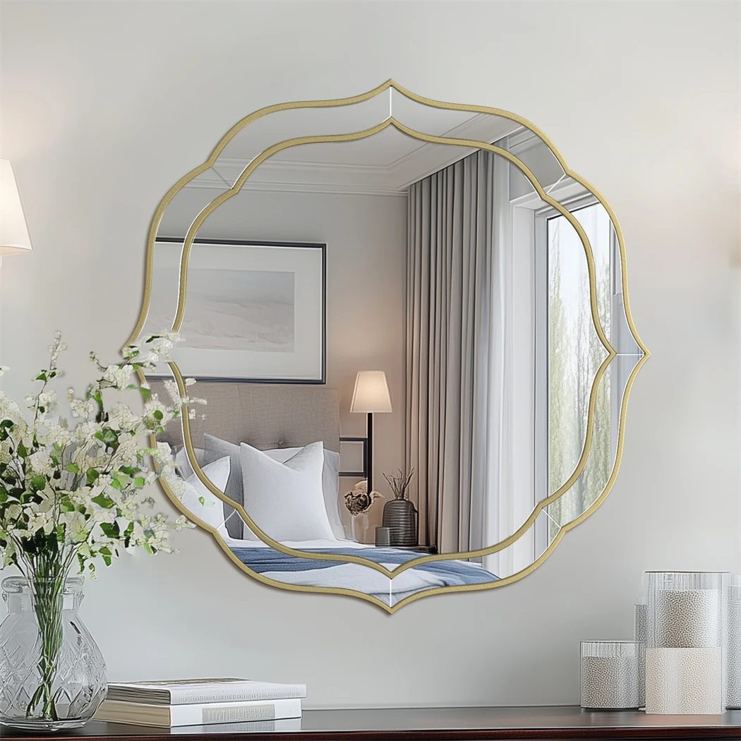 Large Wall Mirror Modern Decorative Mirror Flower Shaped Accent Mirror Beveled Golden Rim for Hallway Living Room Bedroom