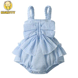 Summer Newborn Baby Girl Bodysuit Onesie Clothes Cotton Sleeveless Square Collar Romper Dress with Bow Toddler Girl Cute Outfit