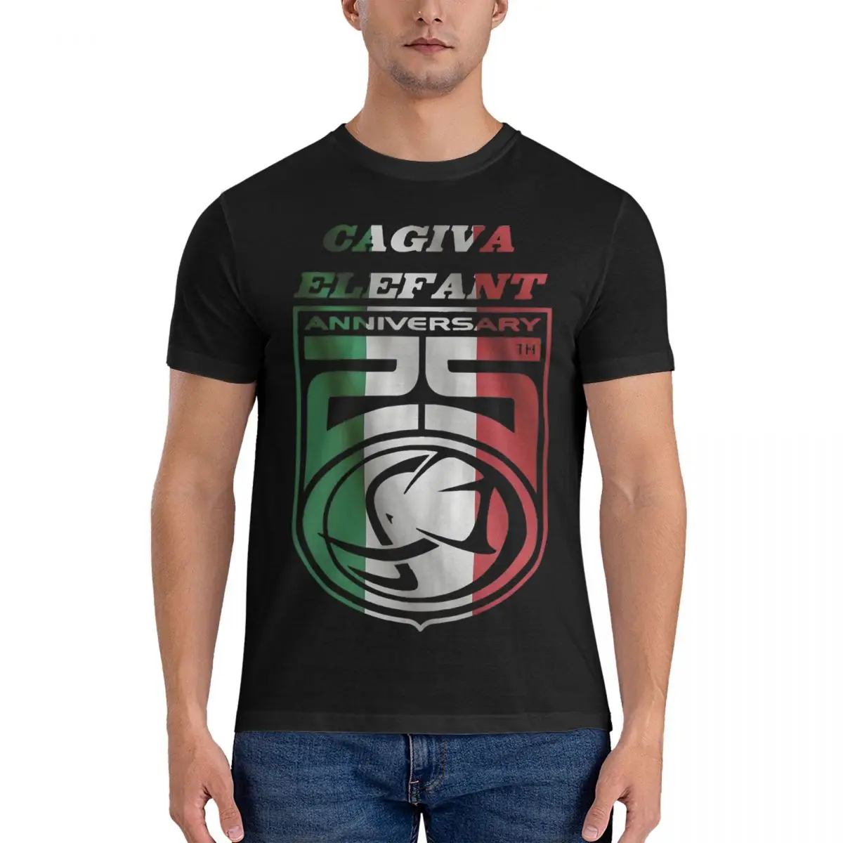 Elefant 25Year Anniversary Italian Flag Men T Shirts Cagiva Moto Vintage Tees Short Sleeve Crew Neck Pure Cotton Gift Clothes